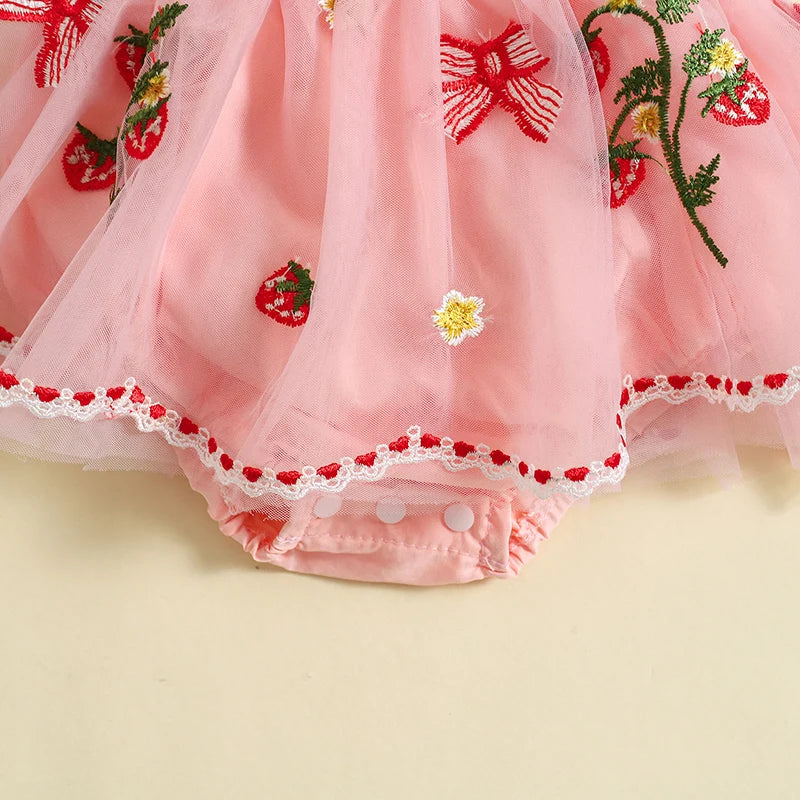 KMK - Lace Strawberry Patch Embroidered Tulle Romper Dress + Headband