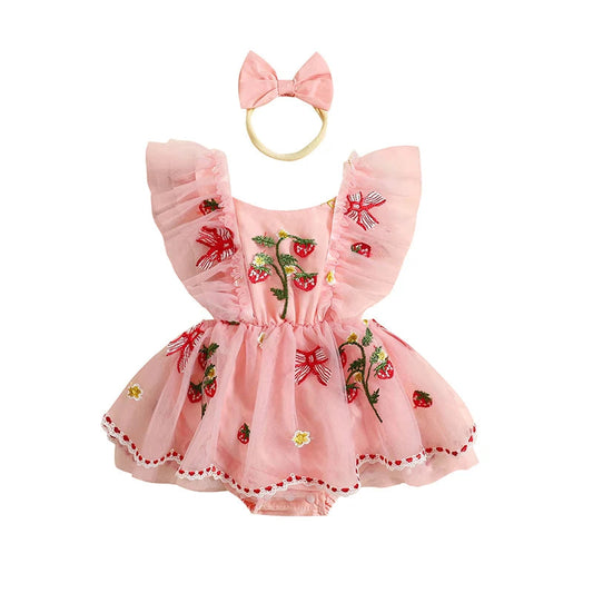 KMK - Lace Strawberry Patch Embroidered Tulle Romper Dress + Headband