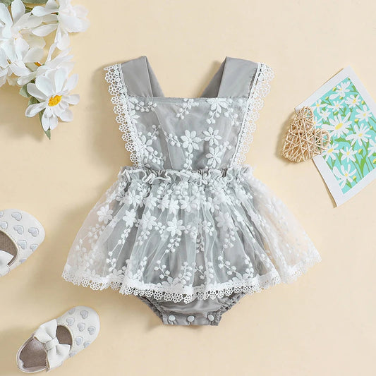 KMK - Lace Trim Flower Sleeveless Romper