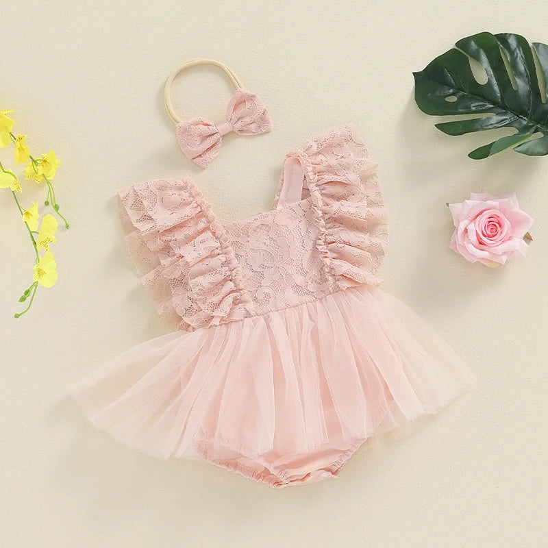 KMK - Lace Tulle Romper Dress + Headband