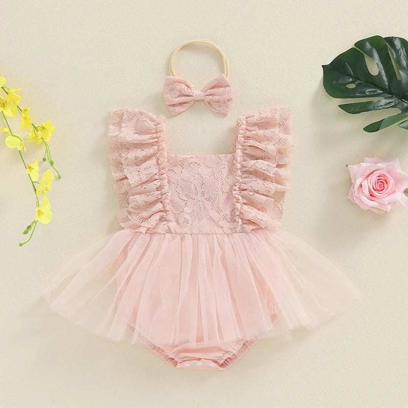 KMK - Lace Tulle Romper Dress + Headband