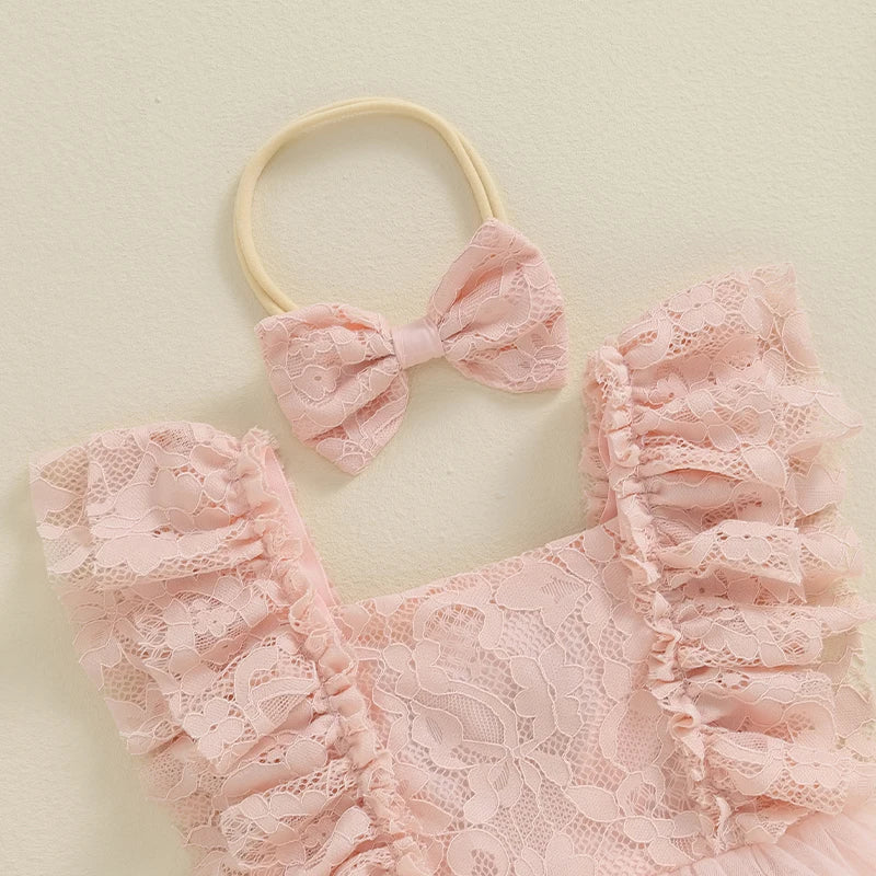 KMK - Lace Tulle Romper Dress + Headband