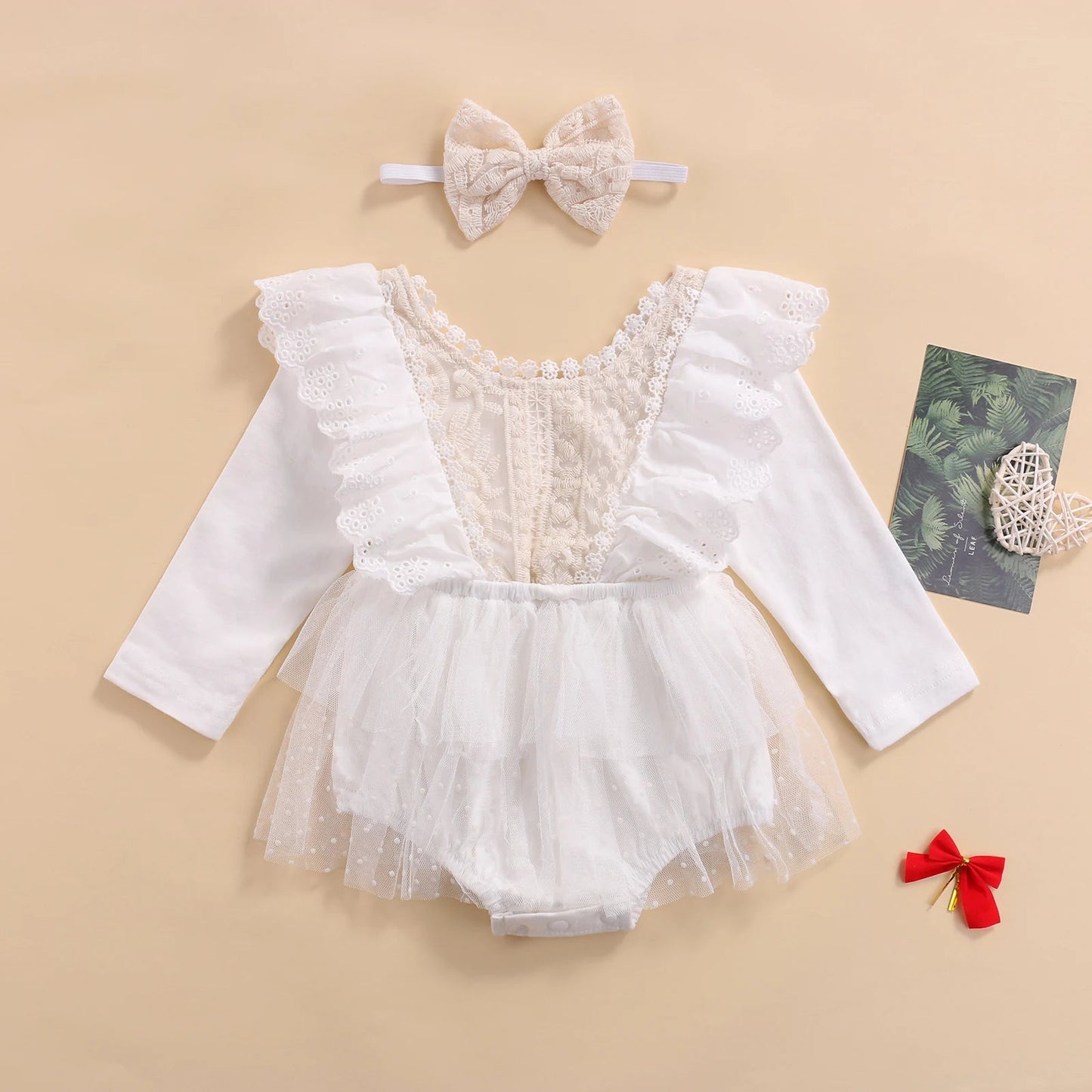 KMK - Long Sleeve Floral Lace Tutu Romper + Headband