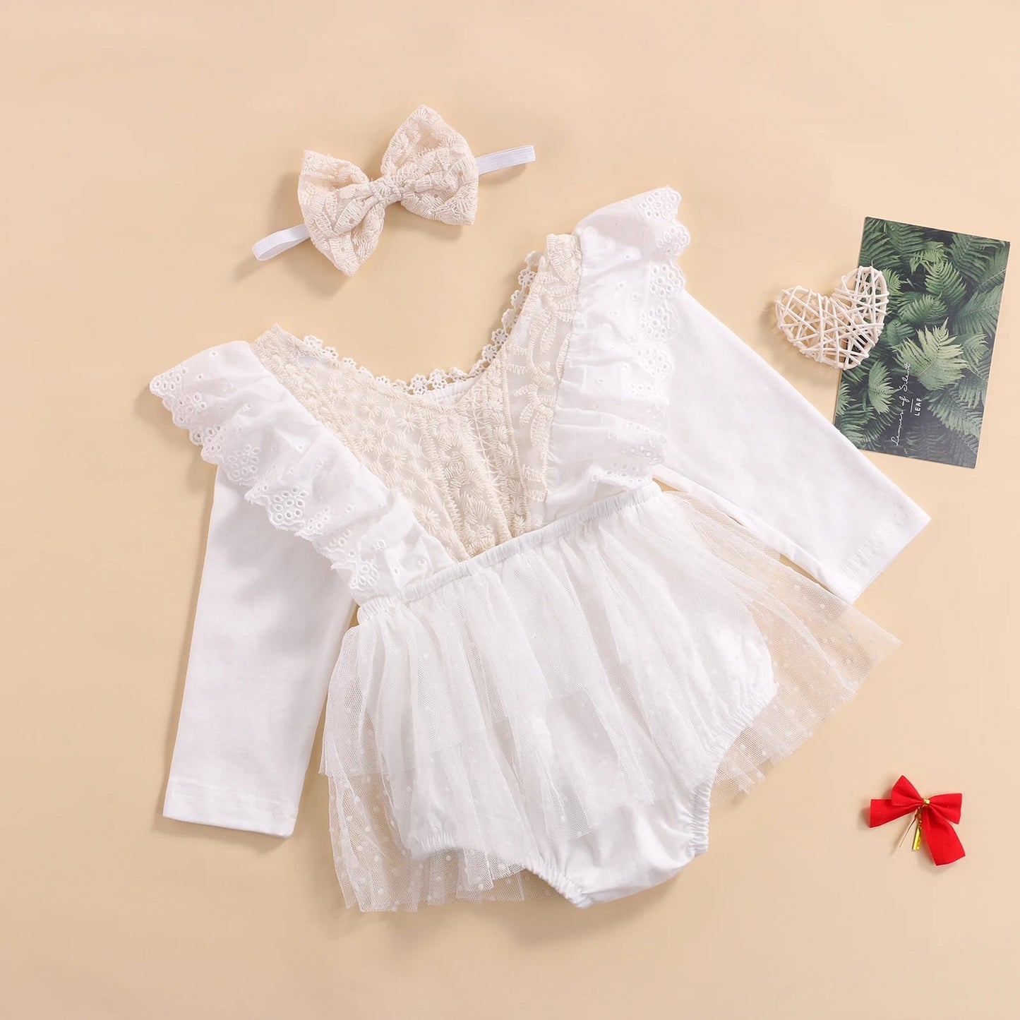 KMK - Long Sleeve Floral Lace Tutu Romper + Headband