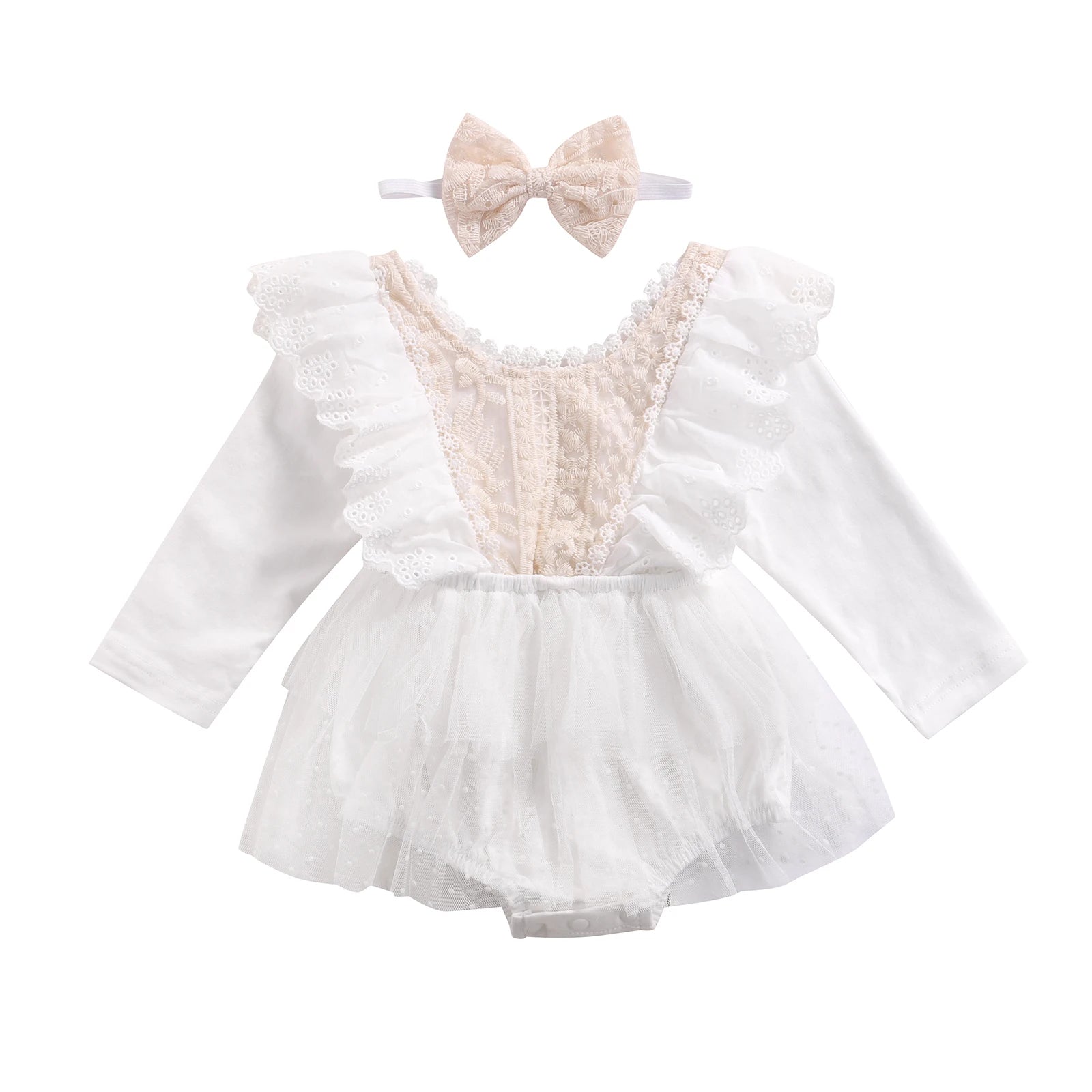 KMK - Long Sleeve Floral Lace Tutu Romper + Headband