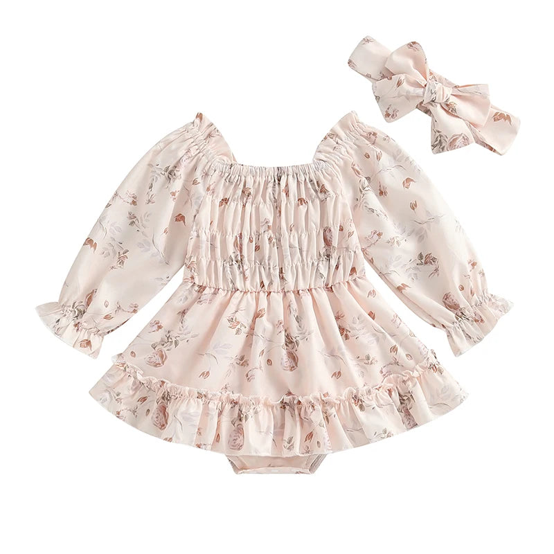 KMK - Long Sleeve Floral Romper Dress + Headband