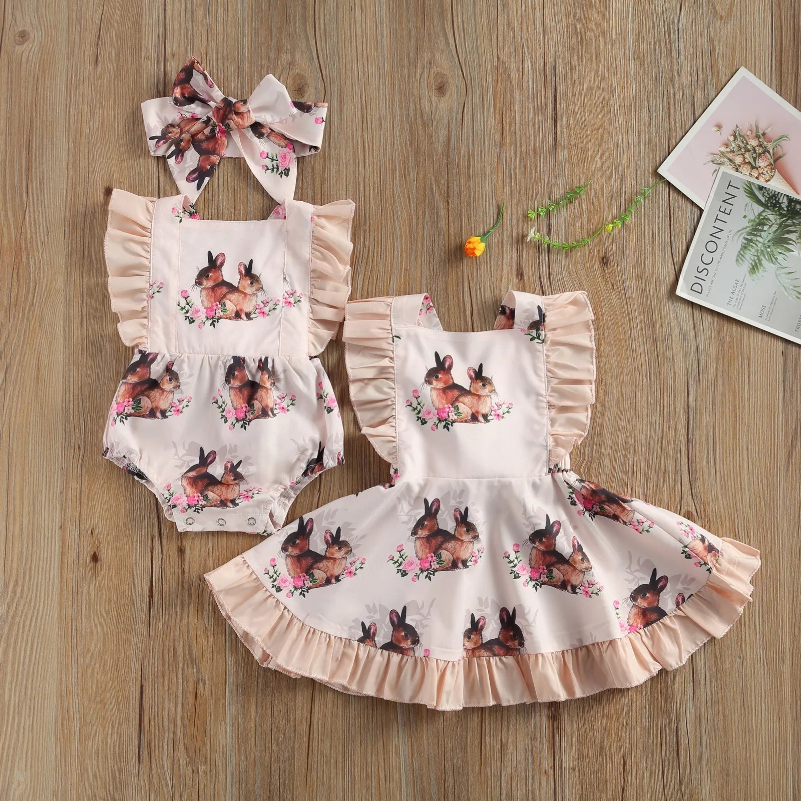 KMK - Matching Clothes Easter Rabbit Floral Print Romper + Headband or Dress