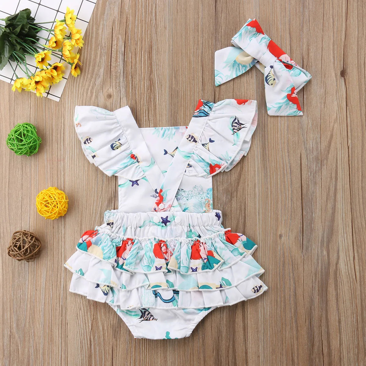 KMK - Mermaid Printed Ruffle Sleeve Romper