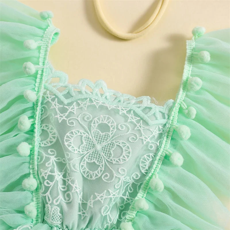 KMK - Mint Ruffle Sleeveless Lace Romper Dress with Headband Set