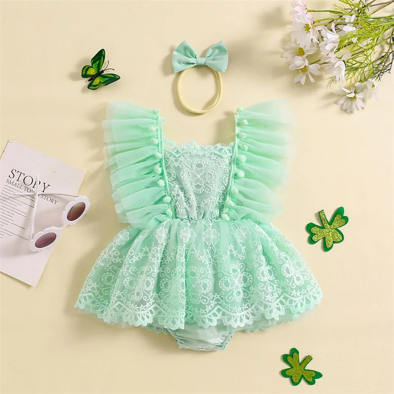 KMK - Mint Ruffle Sleeveless Lace Romper Dress with Headband Set