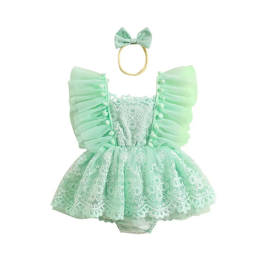 KMK - Mint Ruffle Sleeveless Lace Romper Dress with Headband Set