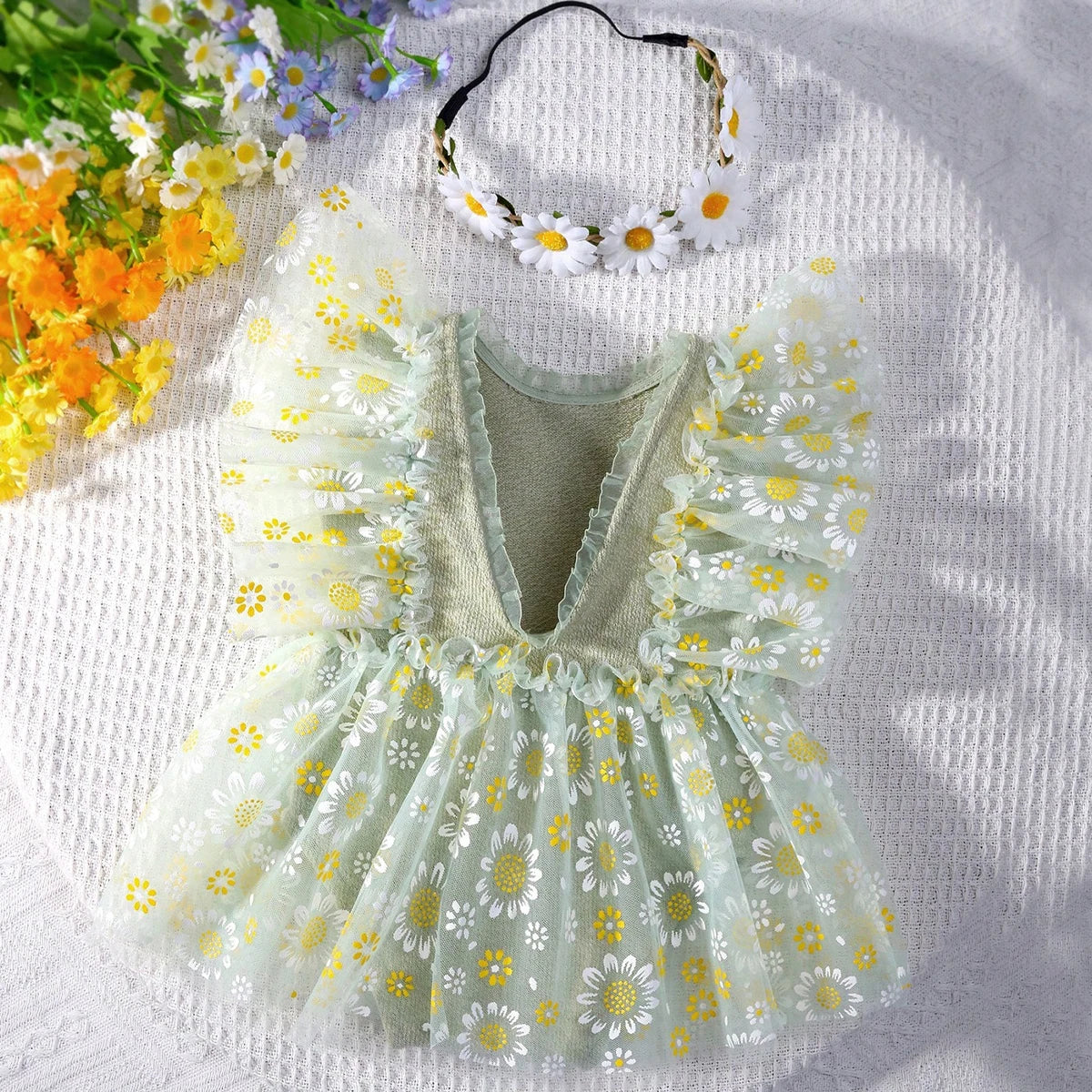 KMK - Newborn Floral Mesh Romper + Headband