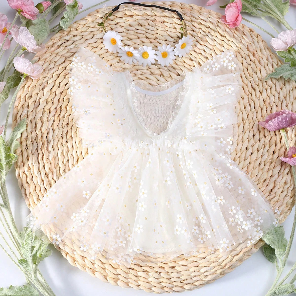 KMK - Newborn Floral Mesh Romper + Headband