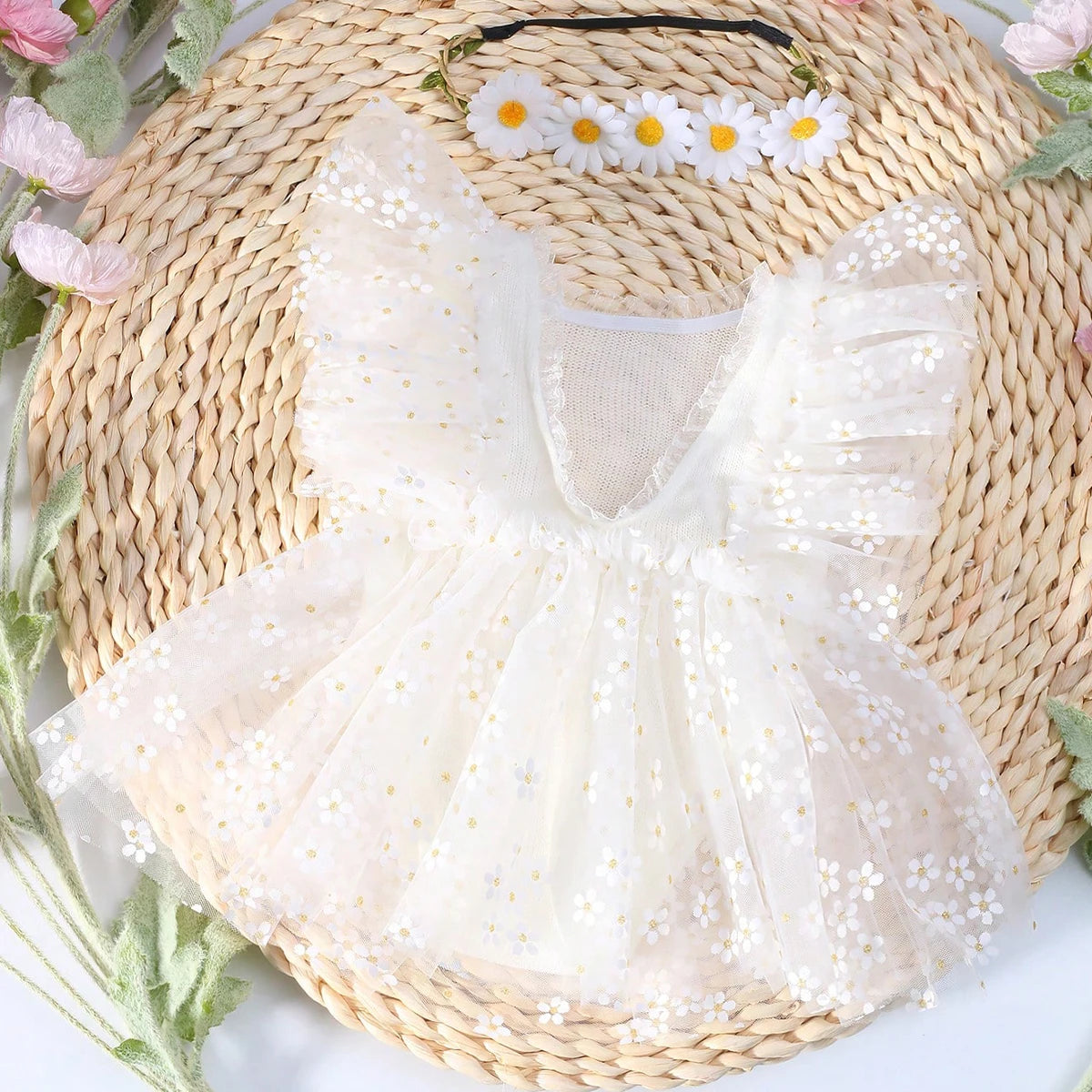 KMK - Newborn Floral Mesh Romper + Headband