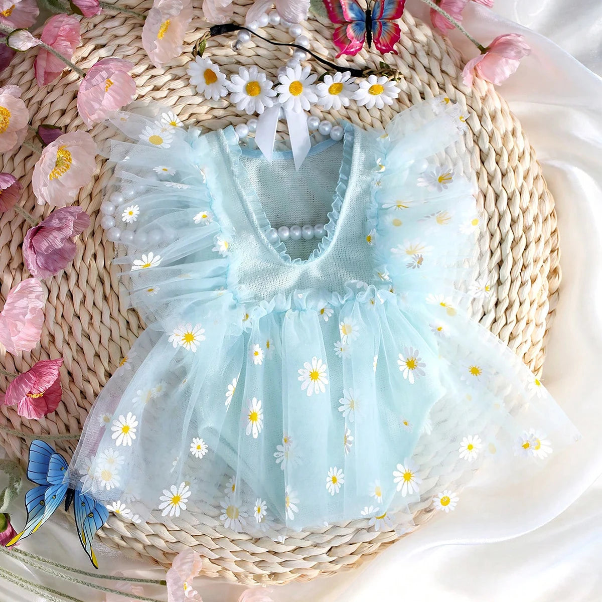 KMK - Newborn Floral Mesh Romper + Headband