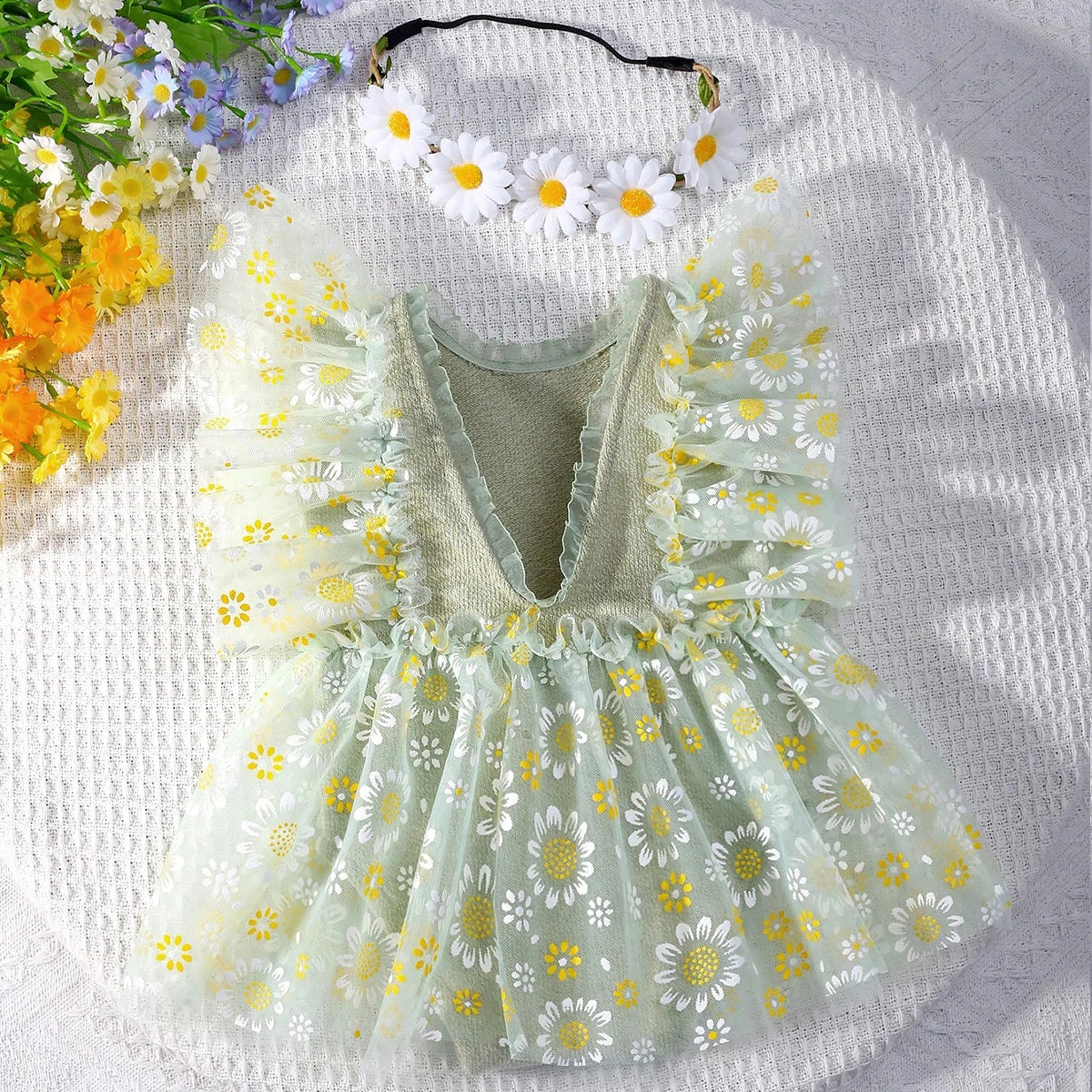 KMK - Newborn Floral Mesh Romper + Headband