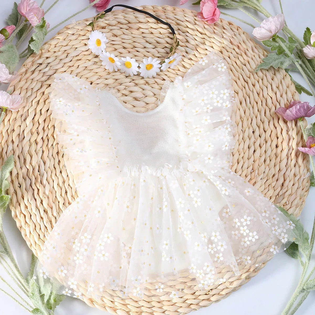 KMK - Newborn Floral Mesh Romper + Headband