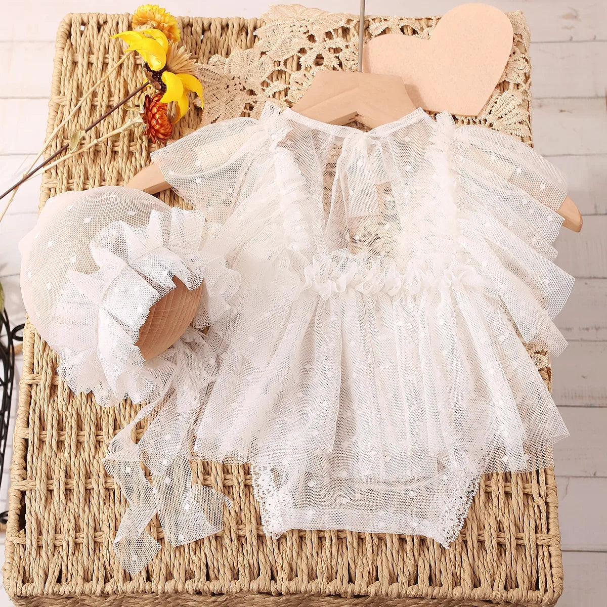 KMK - Newborn Lace Romper + Bonnet