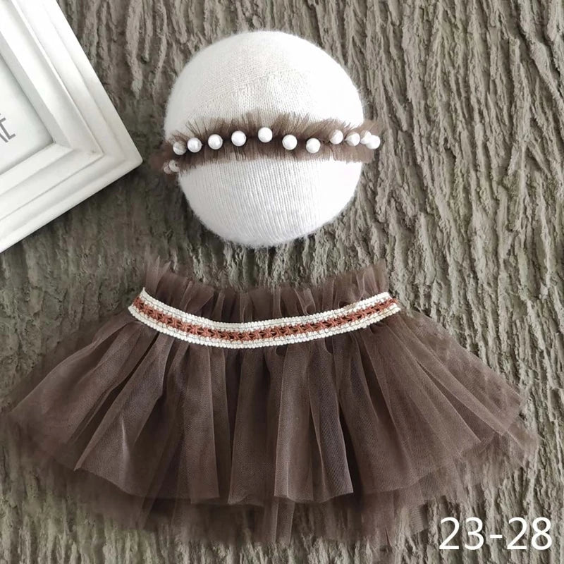 KMK - Newborn Pearl Headband + Lace Skirt Set