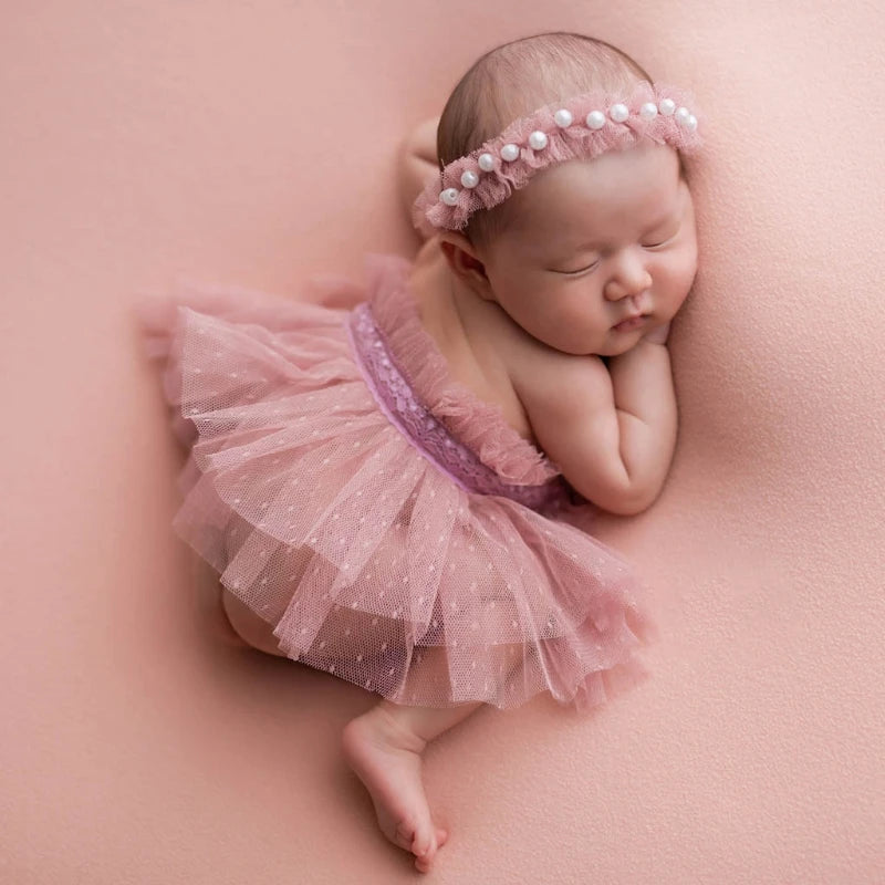 KMK - Newborn Pearl Headband + Lace Skirt Set