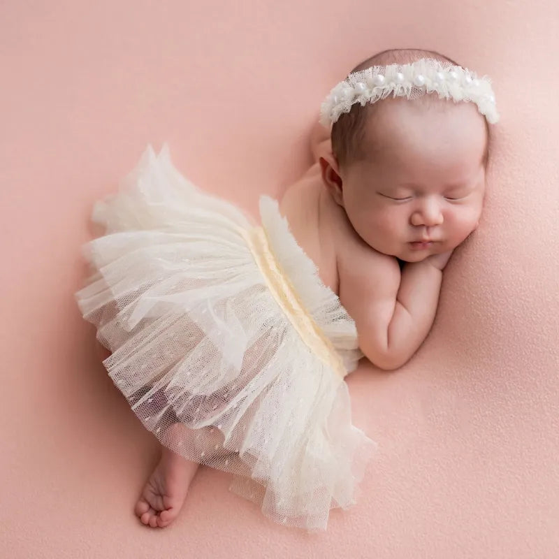 KMK - Newborn Pearl Headband + Lace Skirt Set