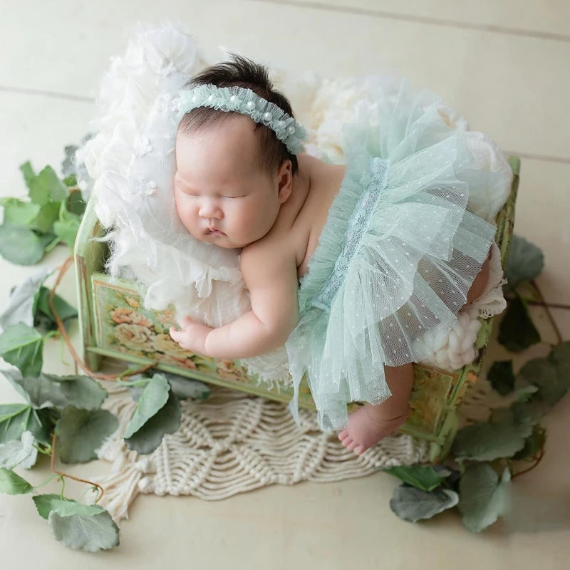 KMK - Newborn Pearl Headband + Lace Skirt Set