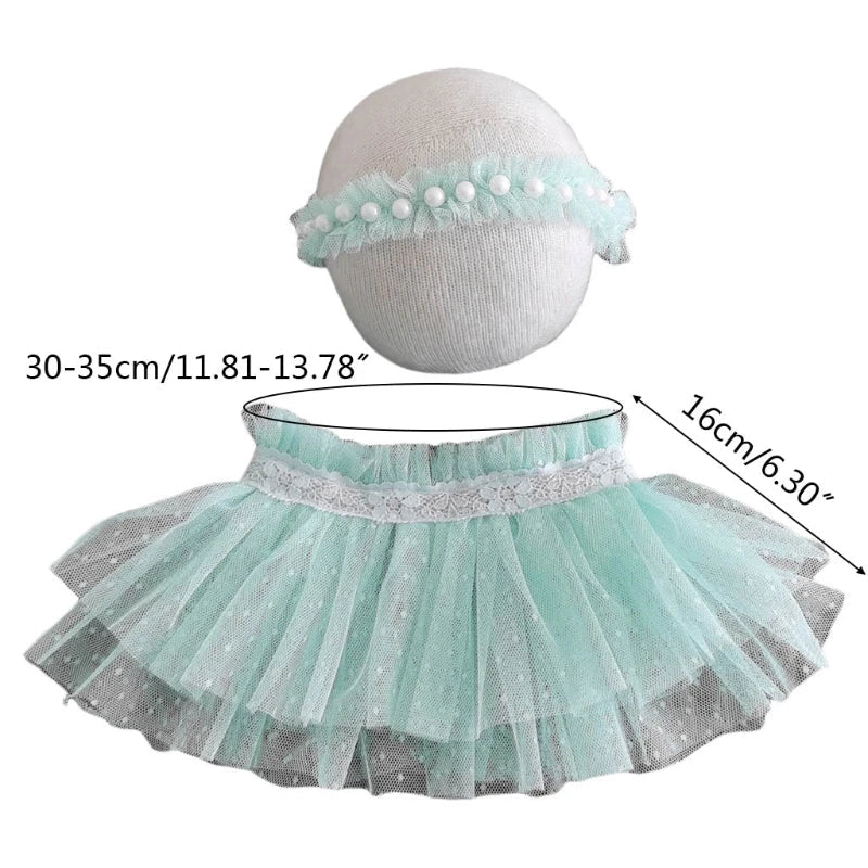 KMK - Newborn Pearl Headband + Lace Skirt Set