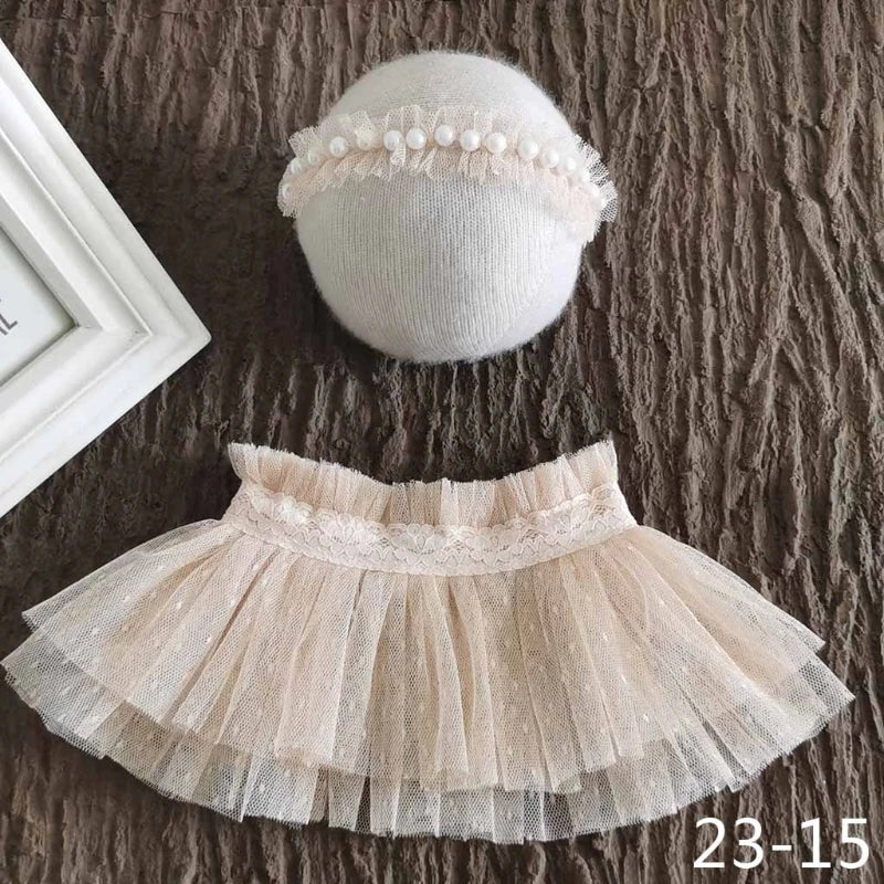 KMK - Newborn Pearl Headband + Lace Skirt Set