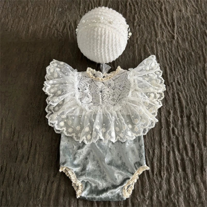 KMK - Newborn Silver Lace Velvet Romper+Headband Outfit