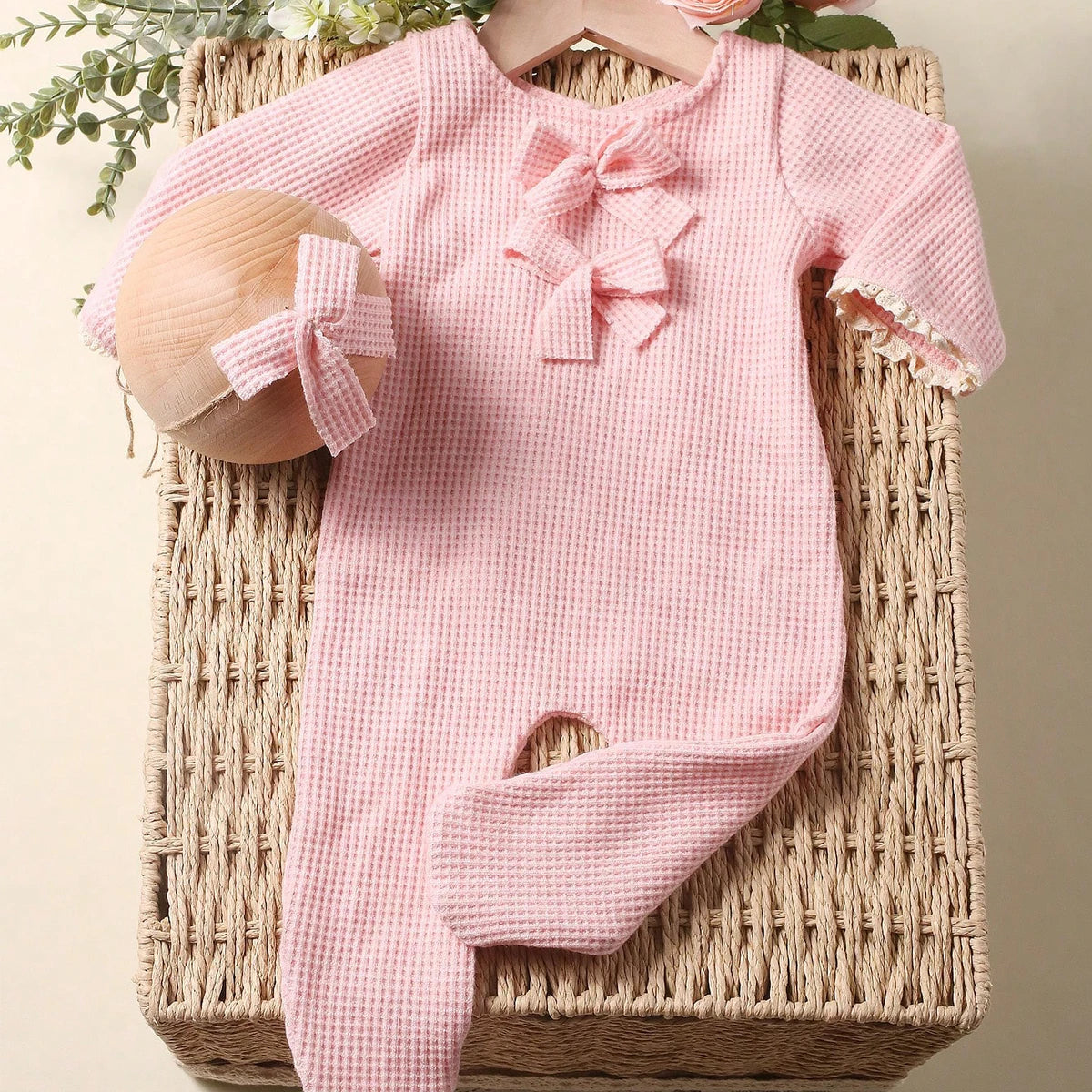 KMK - Newborn Soft Waffle Romper + Headband