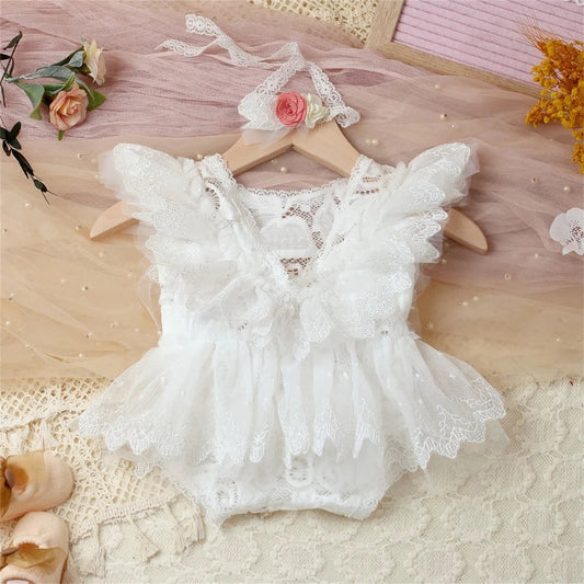 KMK - Newborn white lace romper