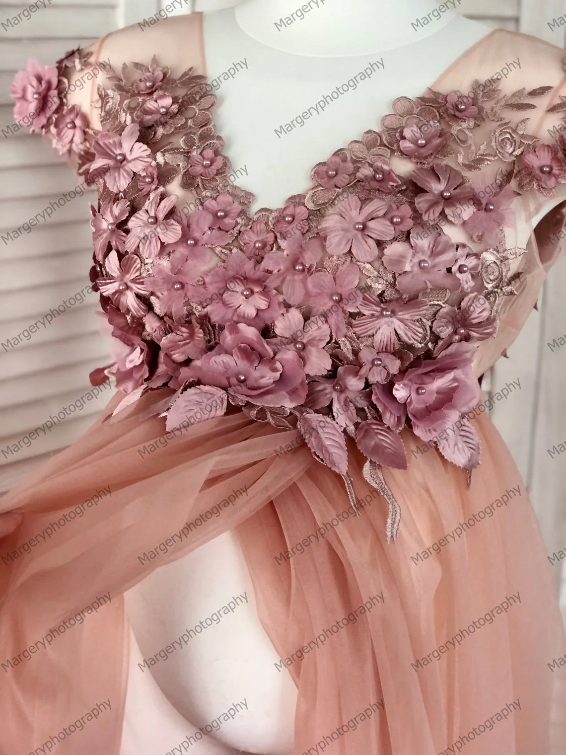 KMK - Peach Pink 3D Flowers Maternity Gown