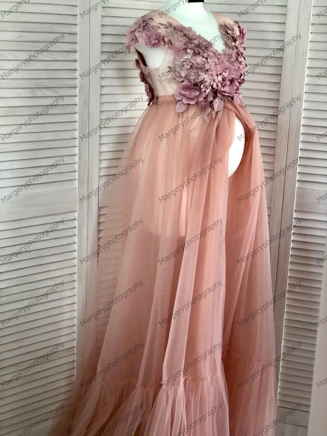 KMK - Peach Pink 3D Flowers Maternity Gown