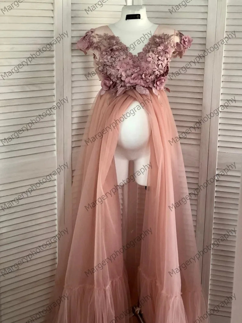 KMK - Peach Pink 3D Flowers Maternity Gown