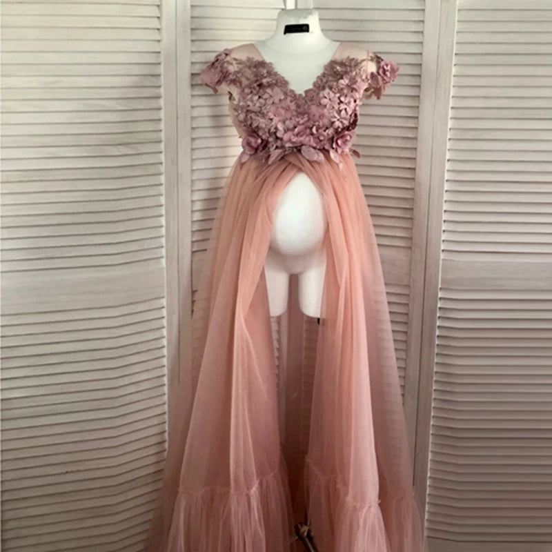 KMK - Peach Pink 3D Flowers Maternity Gown