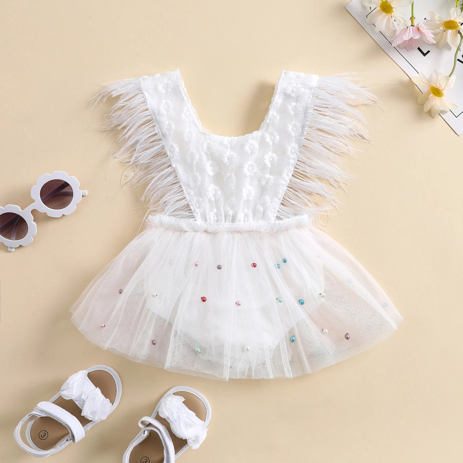 KMK - Pearl Feather Sleeveless Lace Tutu Romper