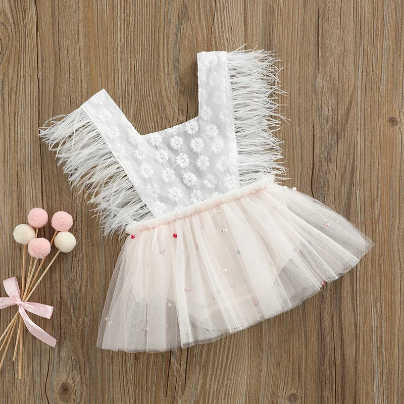 KMK - Pearl Feather Sleeveless Lace Tutu Romper