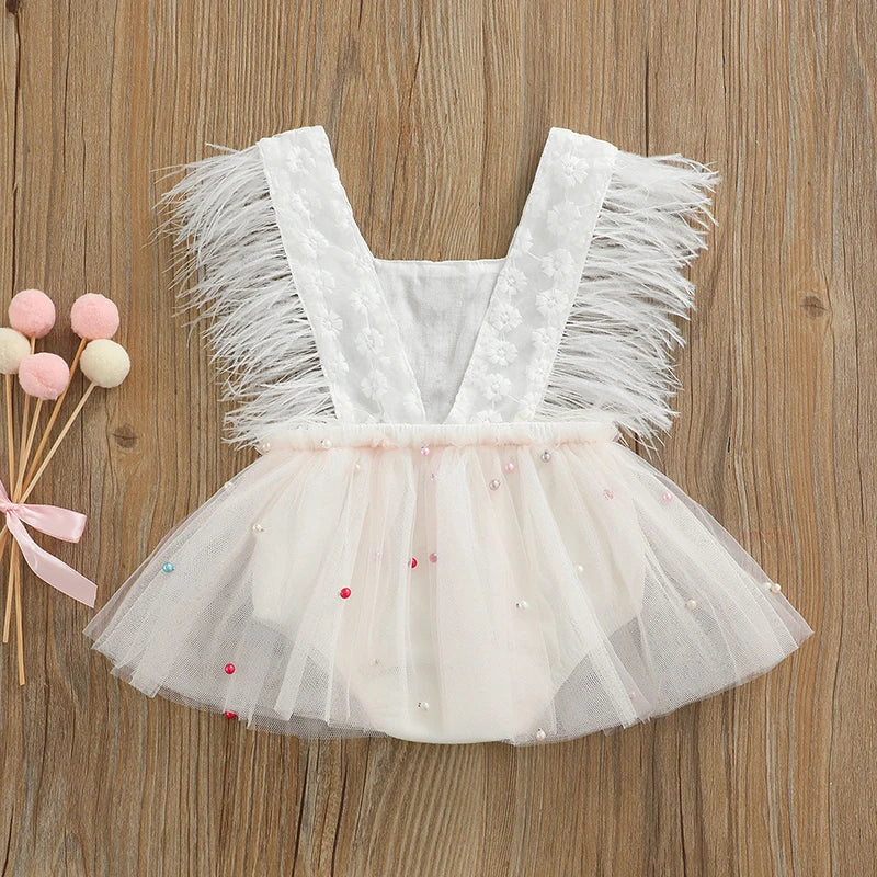 KMK - Pearl Feather Sleeveless Lace Tutu Romper