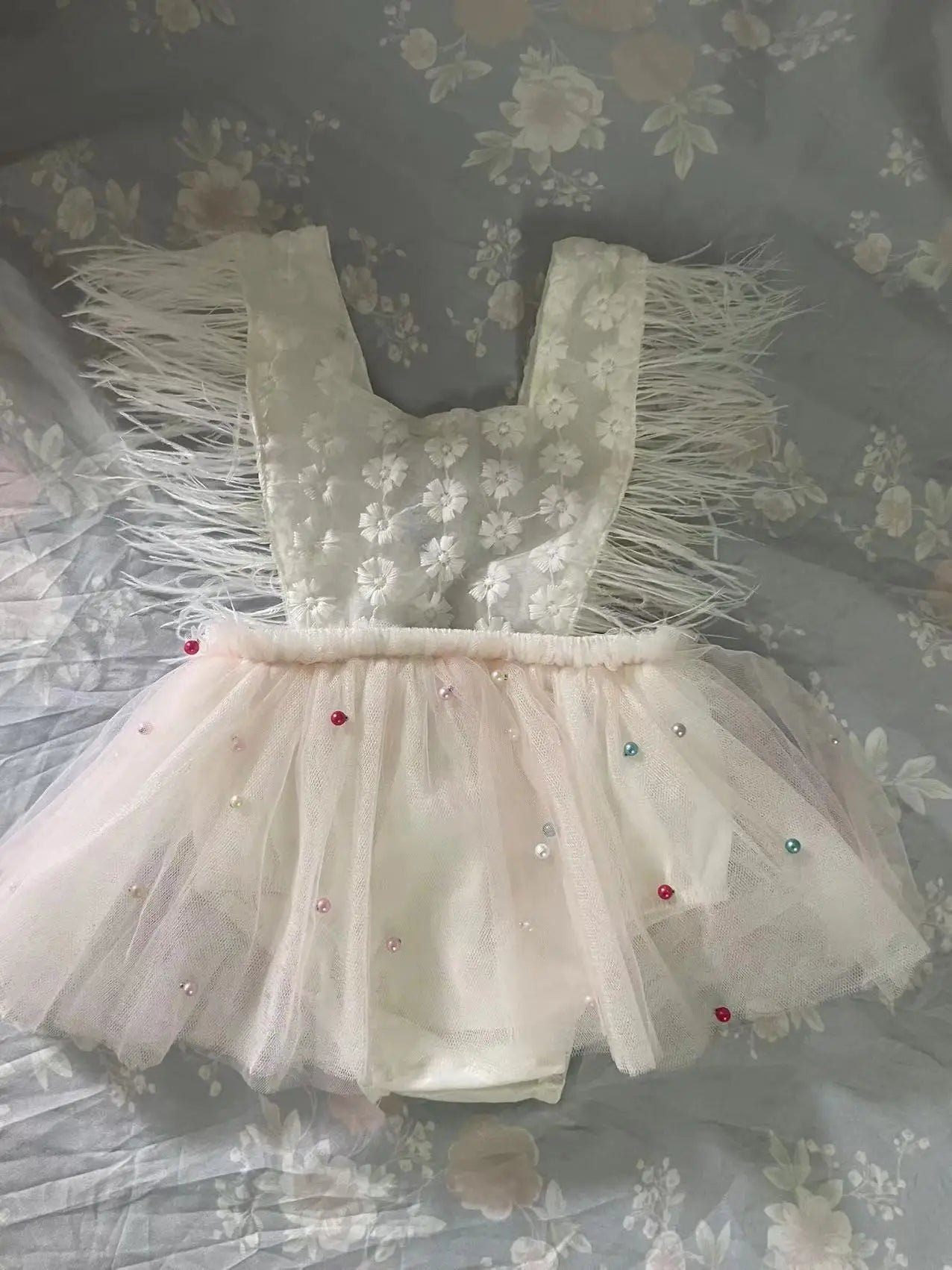 KMK - Pearl Feather Sleeveless Lace Tutu Romper