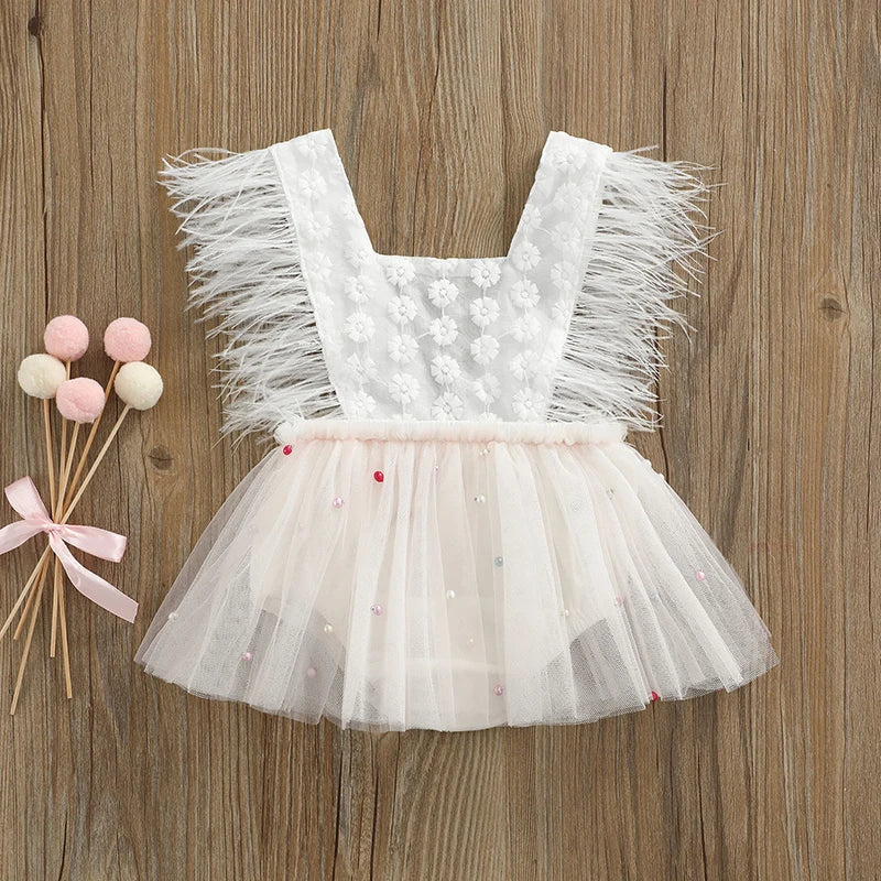 KMK - Pearl Feather Sleeveless Lace Tutu Romper