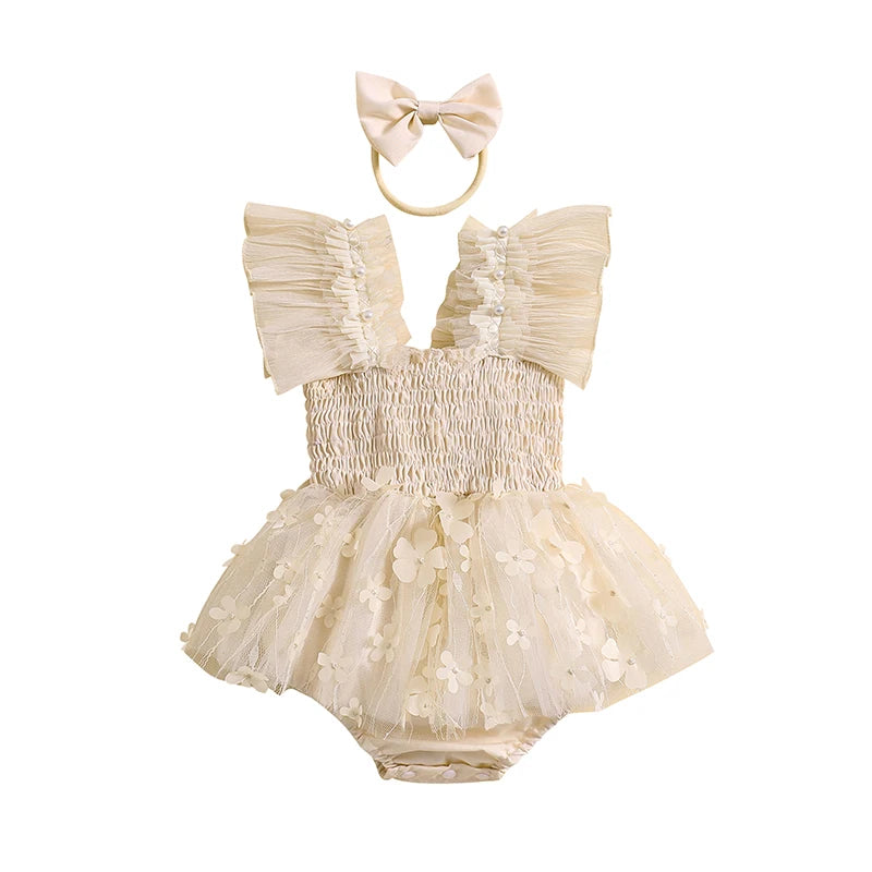 KMK - Pearl Floral Mesh Romper Dress + Headband