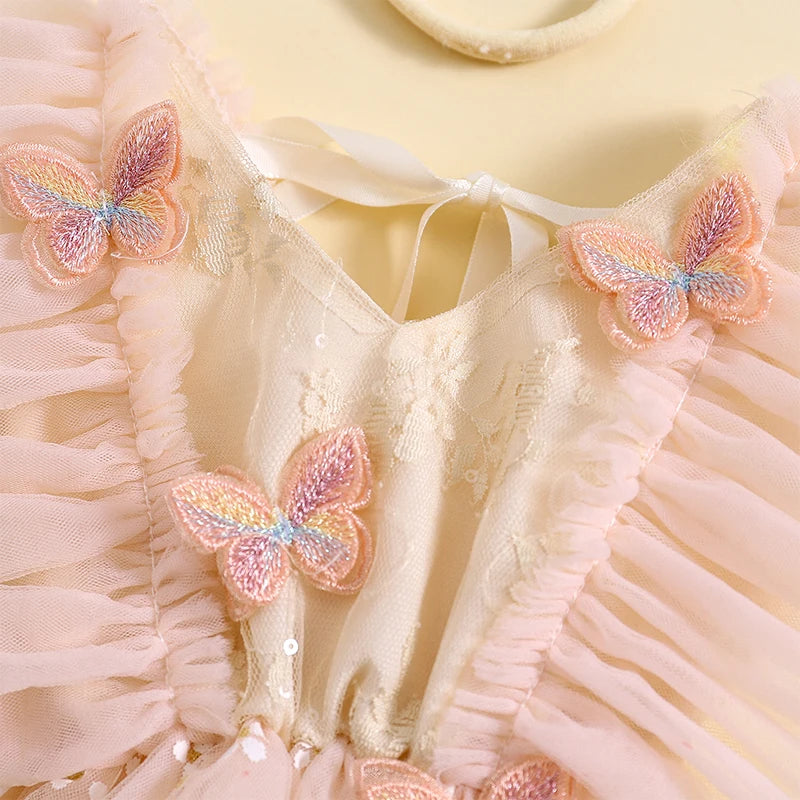 KMK - Pink Butterfly Tulle Romper Dress + Headband