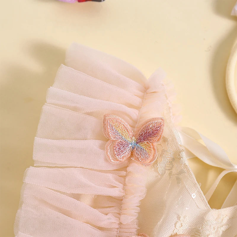 KMK - Pink Butterfly Tulle Romper Dress + Headband