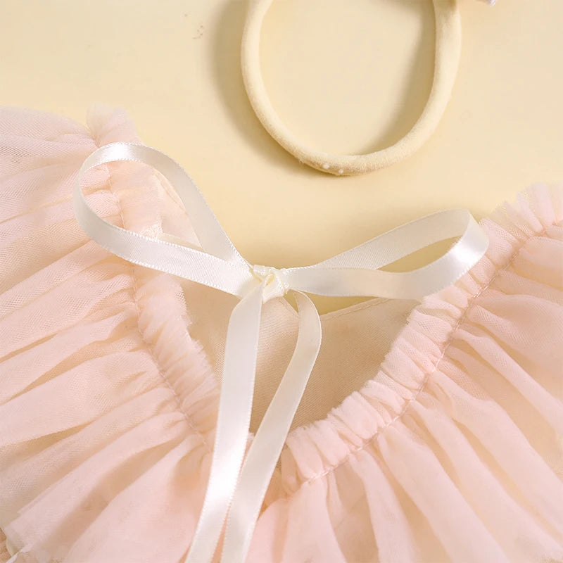 KMK - Pink Butterfly Tulle Romper Dress + Headband