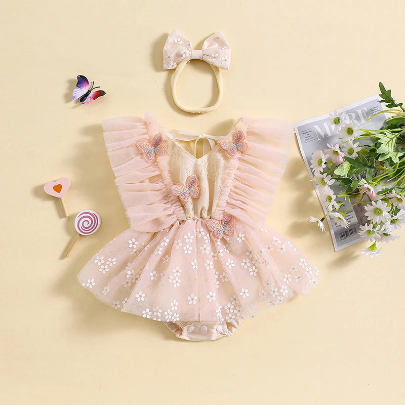 KMK - Pink Butterfly Tulle Romper Dress + Headband