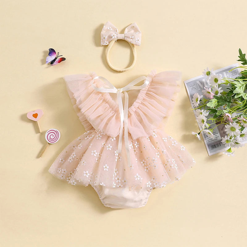 KMK - Pink Butterfly Tulle Romper Dress + Headband