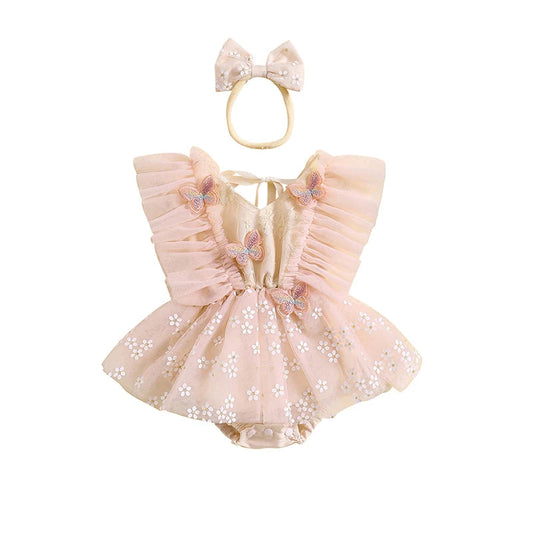 KMK - Pink Butterfly Tulle Romper Dress + Headband