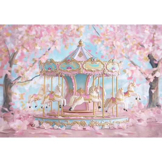 KMK - Pink Carousel Horse Baby Poly Photography Backdrop