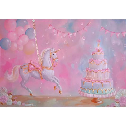 KMK - Pink Carousel Horse Cake Poly Photography Backdrop