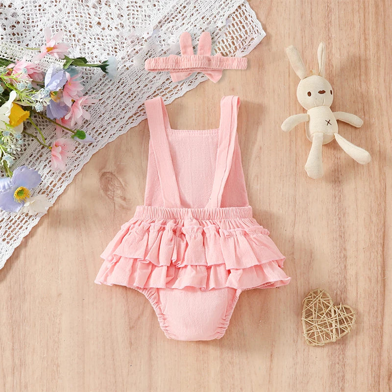 KMK - Pink Easter Rabbit Ear Romper +Headband Set